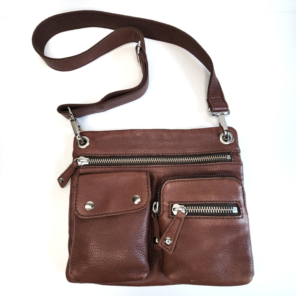 FOSSIL Sutter Brown Leather Crossbody Purse Chunky Zipper Bag